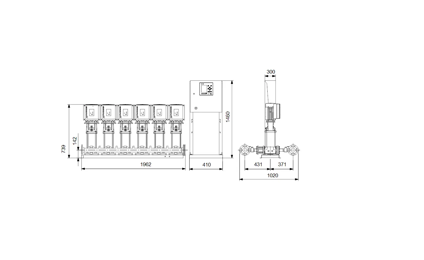 Druckerhöhungsanlage von Grundfos mit mehreren Pumpen in einer vertikalen Anordnung, Abbildung zeigt Maße und technische Details der Anlage.